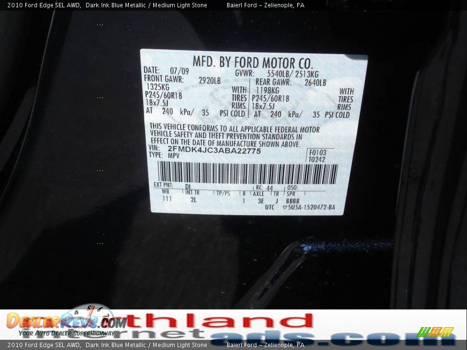 2010 Ford Edge SEL AWD Dark Ink Blue Metallic / Medium Light Stone Photo #12