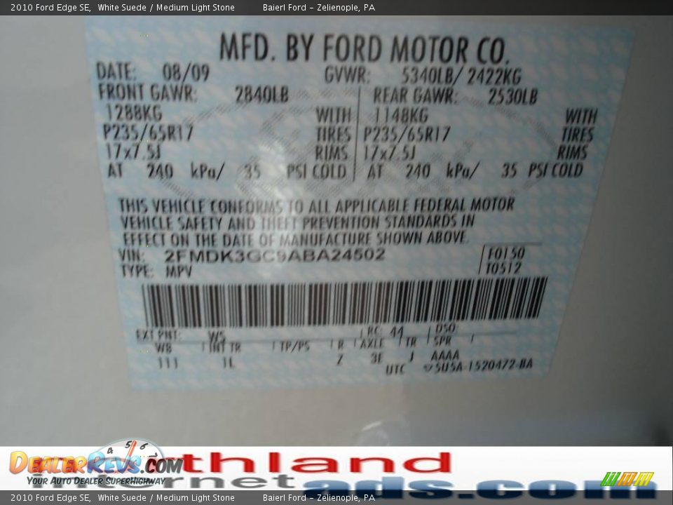 2010 Ford Edge SE White Suede / Medium Light Stone Photo #12
