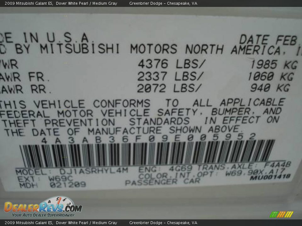 2009 Mitsubishi Galant ES Dover White Pearl / Medium Gray Photo #21
