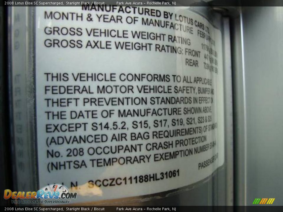 Info Tag of 2008 Lotus Elise SC Supercharged Photo #27