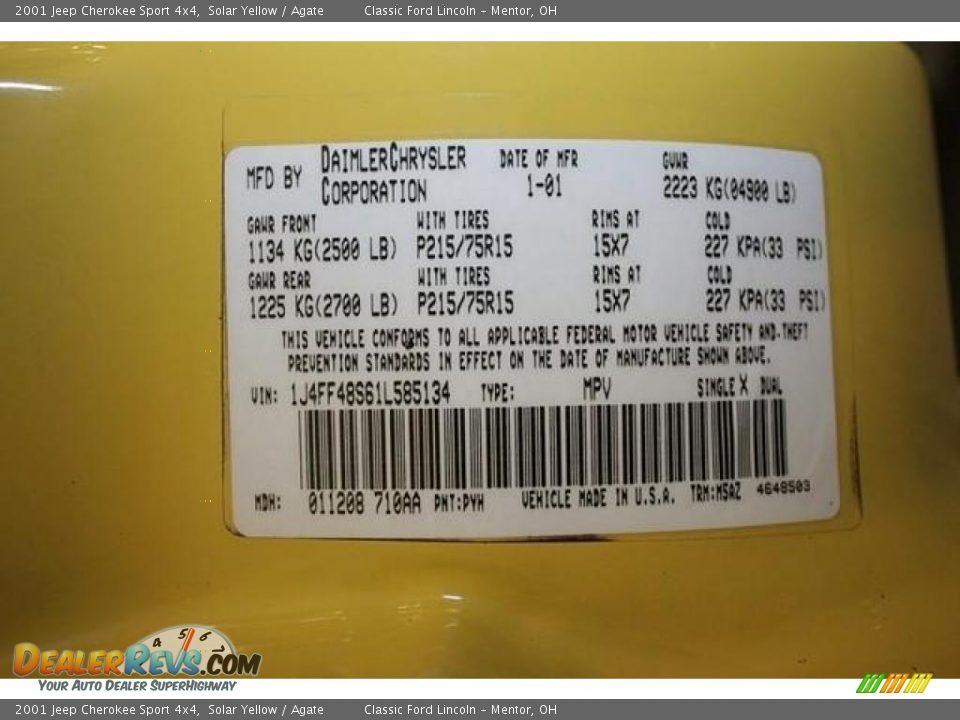 2001 Jeep Cherokee Sport 4x4 Solar Yellow / Agate Photo #21