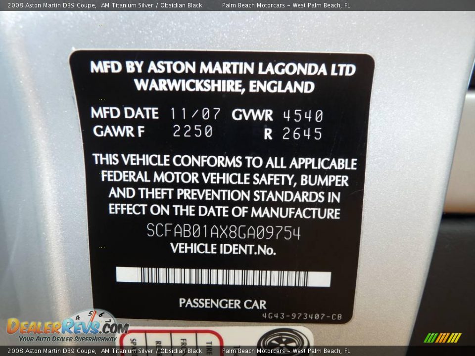 2008 Aston Martin DB9 Coupe AM Titanium Silver / Obsidian Black Photo #31