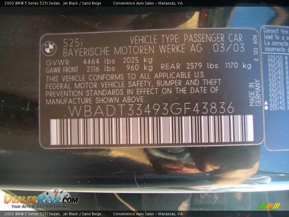 2003 BMW 5 Series 525i Sedan Jet Black / Sand Beige Photo #10