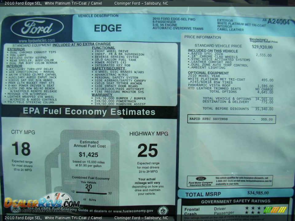 2010 Ford Edge SEL White Platinum Tri-Coat / Camel Photo #15