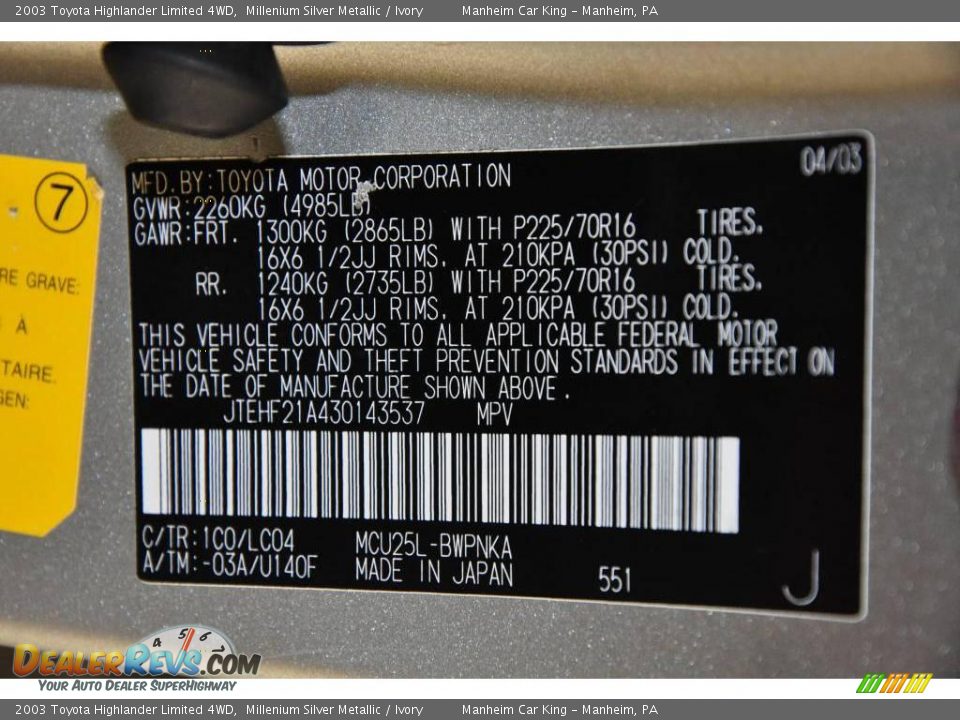 2003 Toyota Highlander Limited 4WD Millenium Silver Metallic / Ivory Photo #11