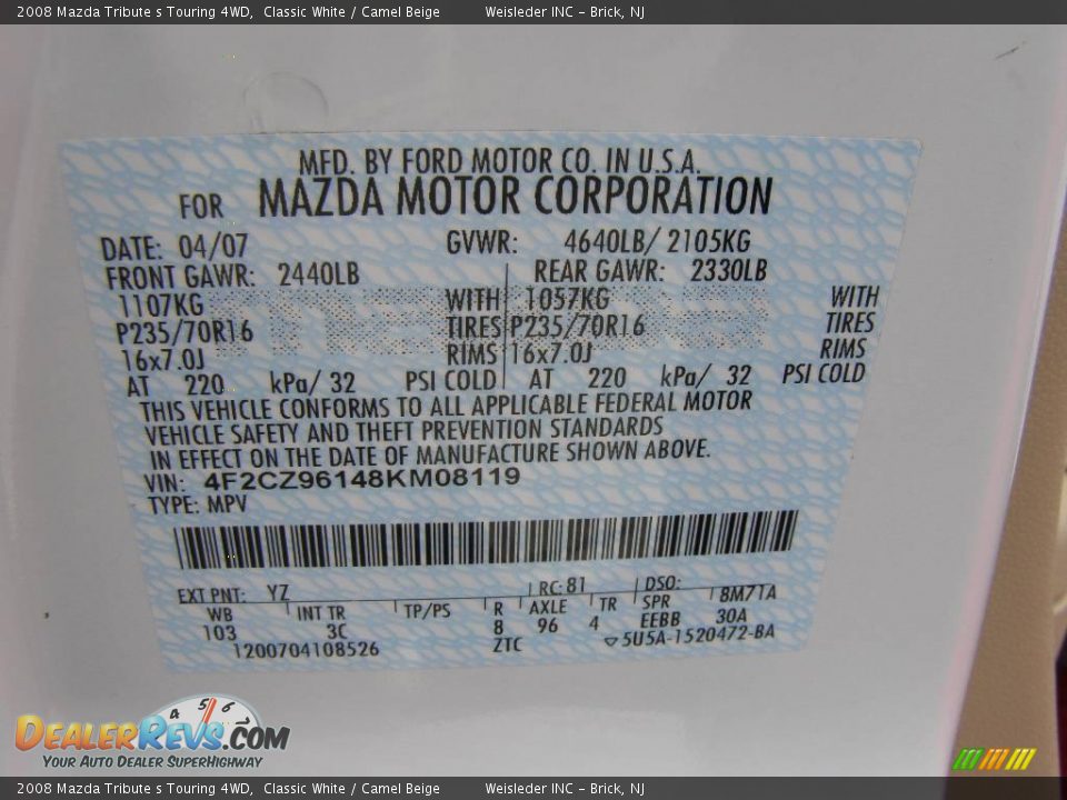 2008 Mazda Tribute s Touring 4WD Classic White / Camel Beige Photo #25