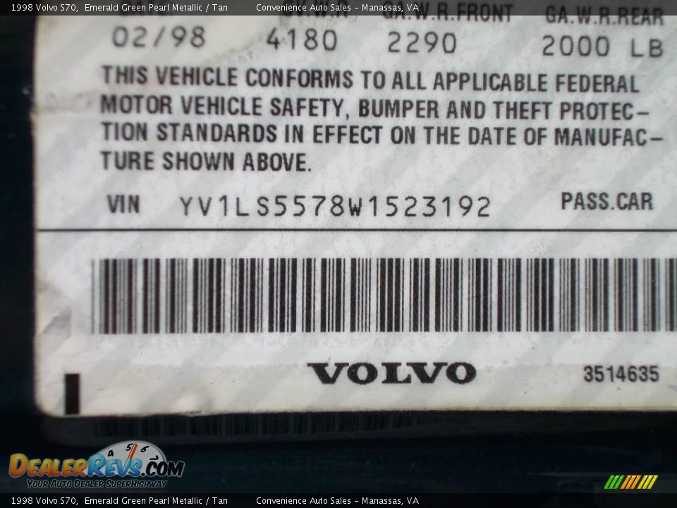 1998 Volvo S70 Emerald Green Pearl Metallic / Tan Photo #10