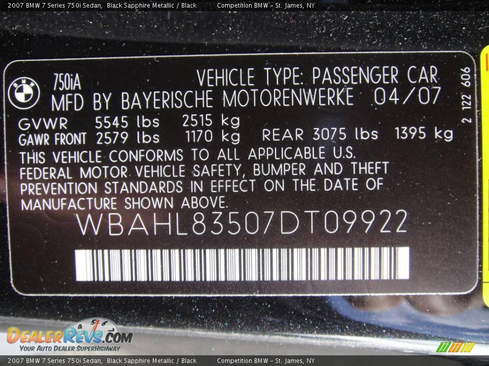 2007 BMW 7 Series 750i Sedan Black Sapphire Metallic / Black Photo #15