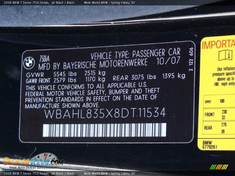 2008 BMW 7 Series 750i Sedan Jet Black / Black Photo #14
