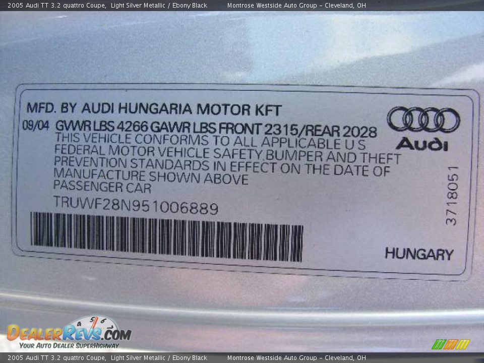 2005 Audi TT 3.2 quattro Coupe Light Silver Metallic / Ebony Black Photo #31