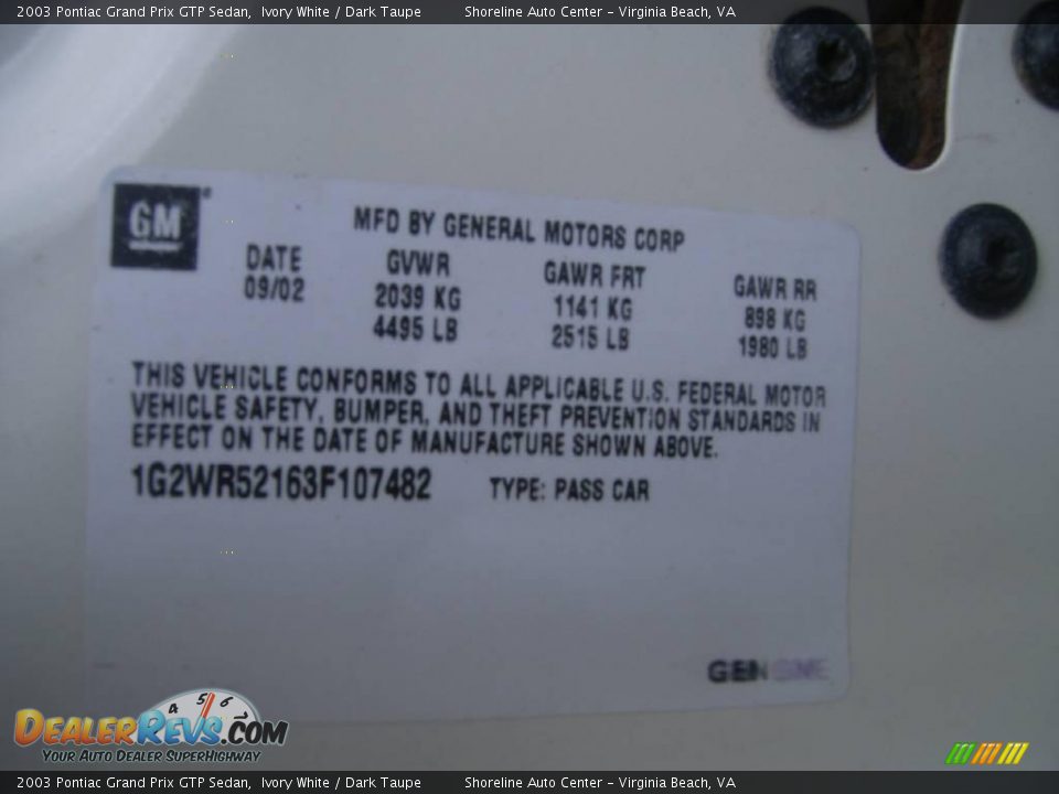 2003 Pontiac Grand Prix GTP Sedan Ivory White / Dark Taupe Photo #23