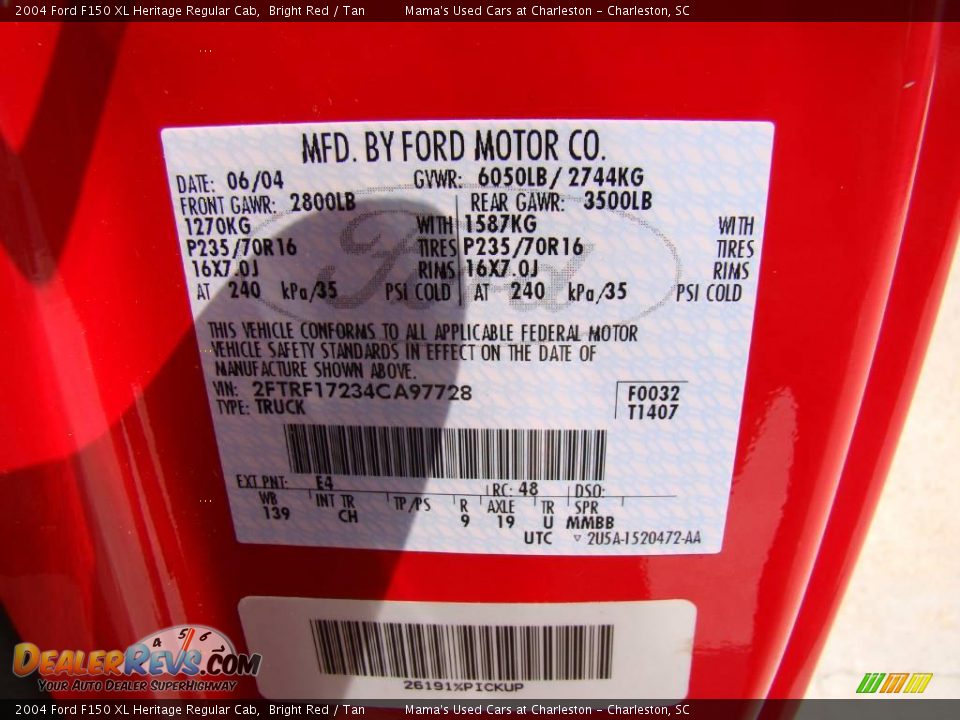 2004 Ford F150 XL Heritage Regular Cab Bright Red / Tan Photo #18