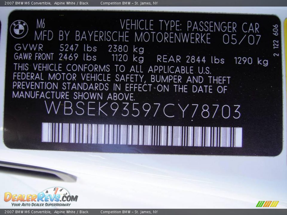 2007 BMW M6 Convertible Alpine White / Black Photo #16