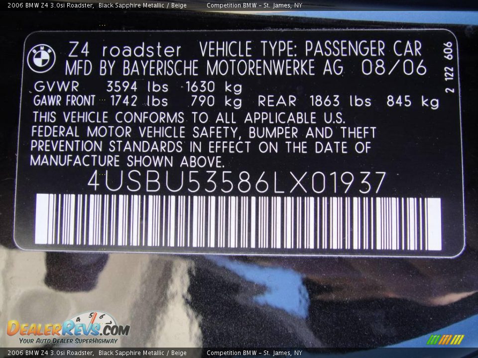 2006 BMW Z4 3.0si Roadster Black Sapphire Metallic / Beige Photo #16
