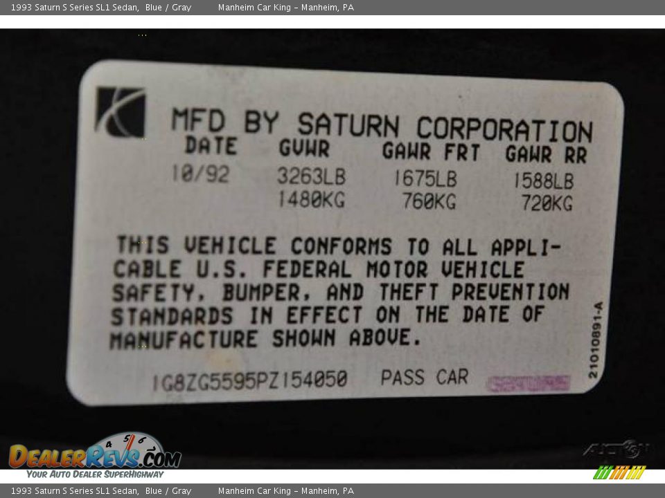 1993 Saturn S Series SL1 Sedan Blue / Gray Photo #11