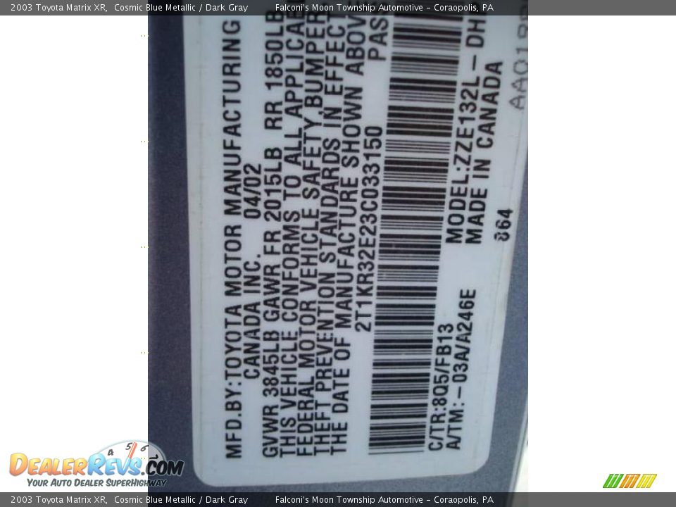 2003 Toyota Matrix XR Cosmic Blue Metallic / Dark Gray Photo #14
