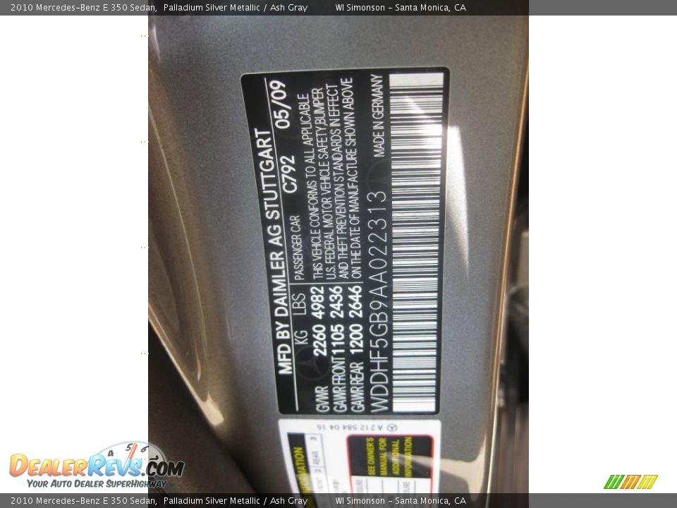 2010 Mercedes-Benz E 350 Sedan Palladium Silver Metallic / Ash Gray Photo #23
