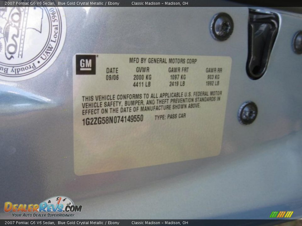 2007 Pontiac G6 V6 Sedan Blue Gold Crystal Metallic / Ebony Photo #28