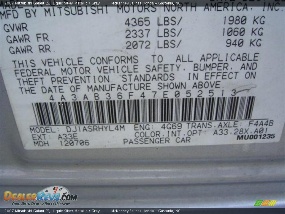 2007 Mitsubishi Galant ES Liquid Silver Metallic / Gray Photo #18
