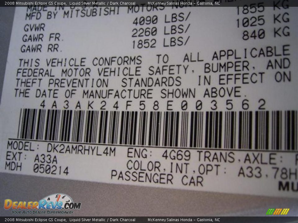 2008 Mitsubishi Eclipse GS Coupe Liquid Silver Metallic / Dark Charcoal Photo #13