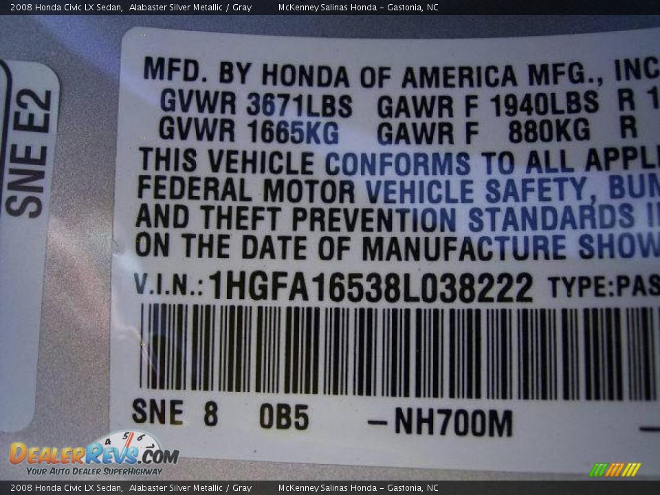 2008 Honda Civic LX Sedan Alabaster Silver Metallic / Gray Photo #19