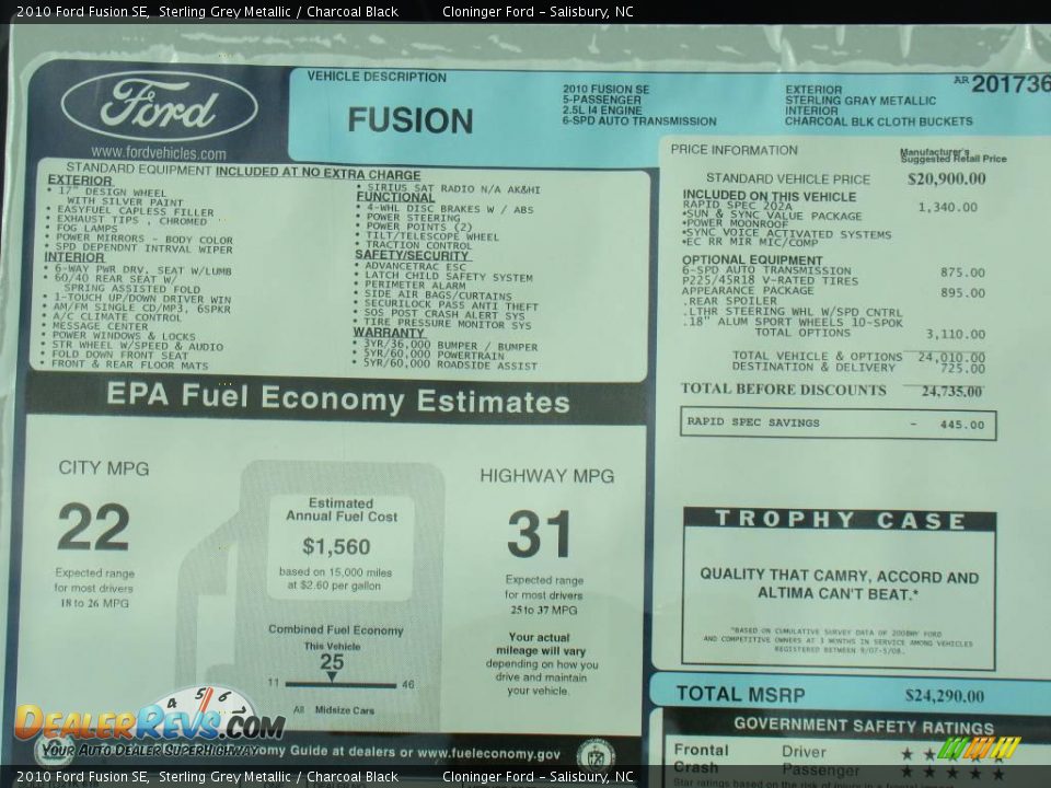 2010 Ford Fusion SE Sterling Grey Metallic / Charcoal Black Photo #15