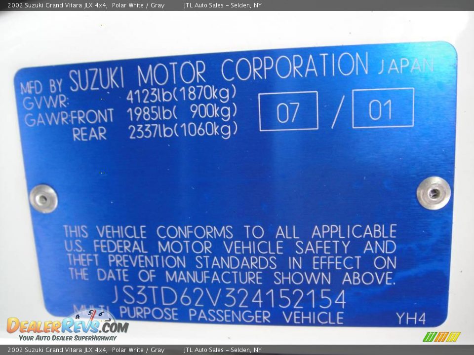 2002 Suzuki Grand Vitara JLX 4x4 Polar White / Gray Photo #15