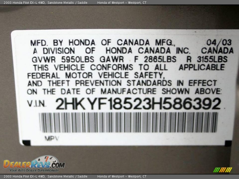 2003 Honda Pilot EX-L 4WD Sandstone Metallic / Saddle Photo #23