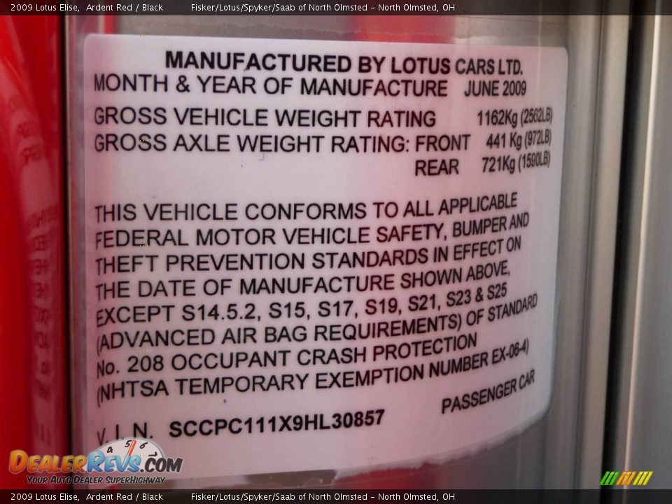 Info Tag of 2009 Lotus Elise  Photo #24