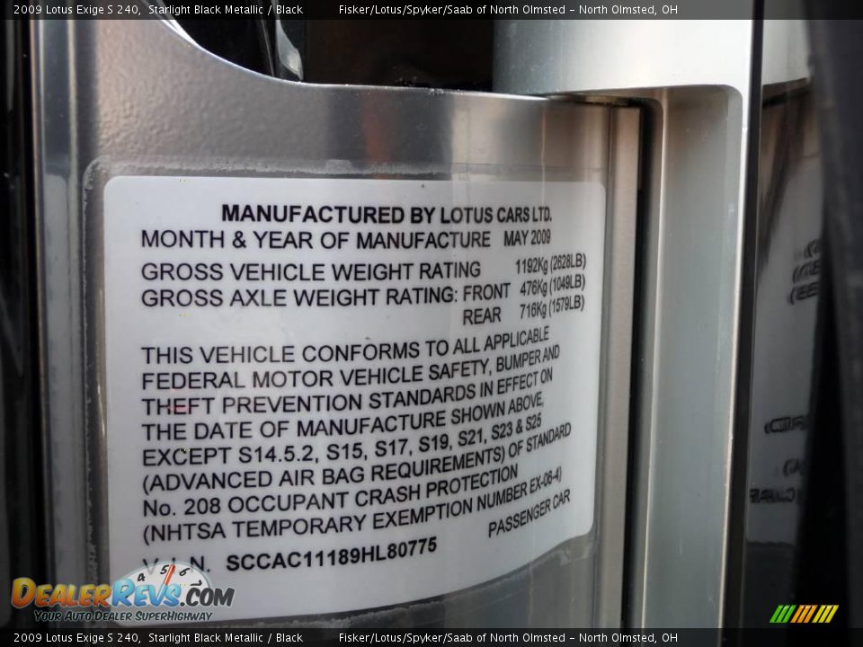 Info Tag of 2009 Lotus Exige S 240 Photo #23