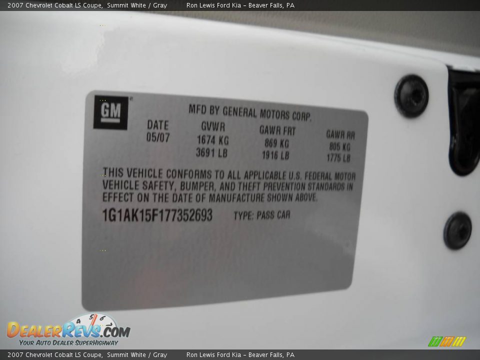 2007 Chevrolet Cobalt LS Coupe Summit White / Gray Photo #9