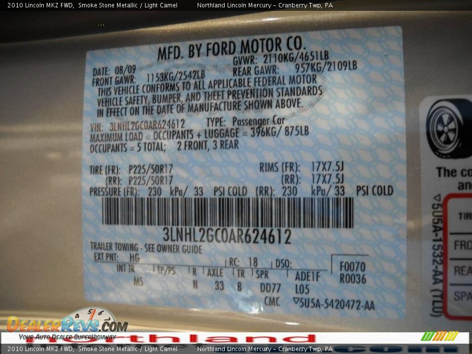 2010 Lincoln MKZ FWD Smoke Stone Metallic / Light Camel Photo #9