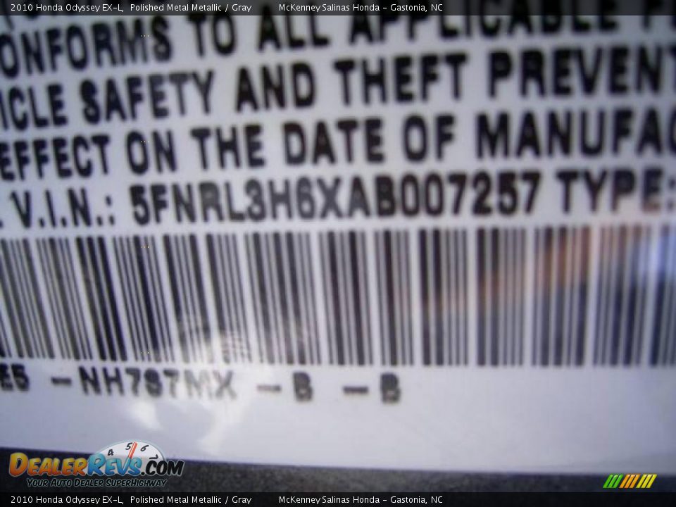 2010 Honda Odyssey EX-L Polished Metal Metallic / Gray Photo #10