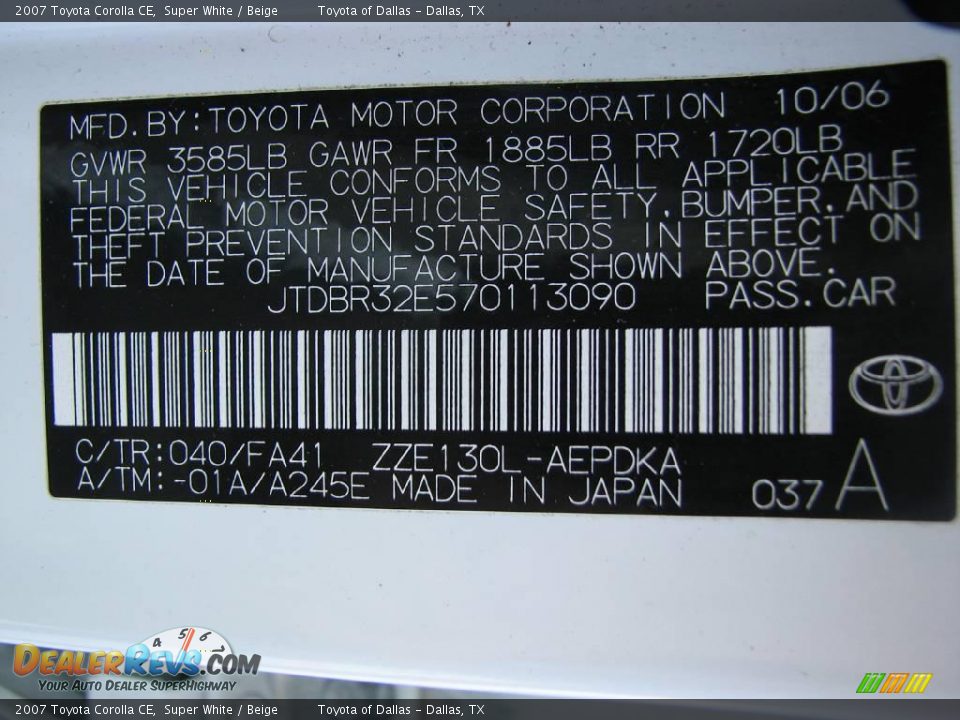 2007 Toyota Corolla CE Super White / Beige Photo #15
