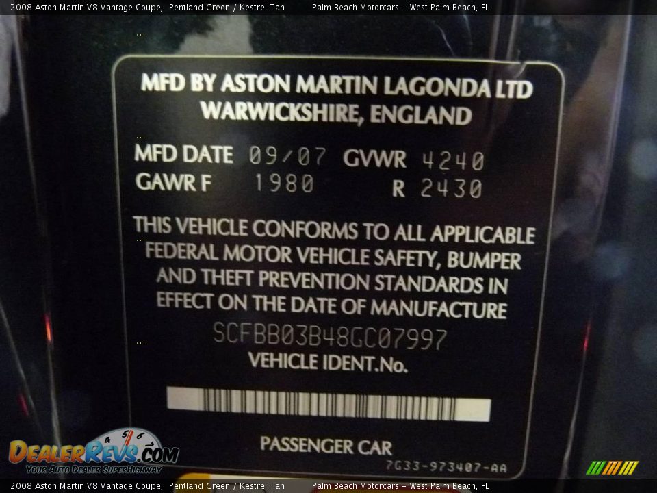2008 Aston Martin V8 Vantage Coupe Pentland Green / Kestrel Tan Photo #30