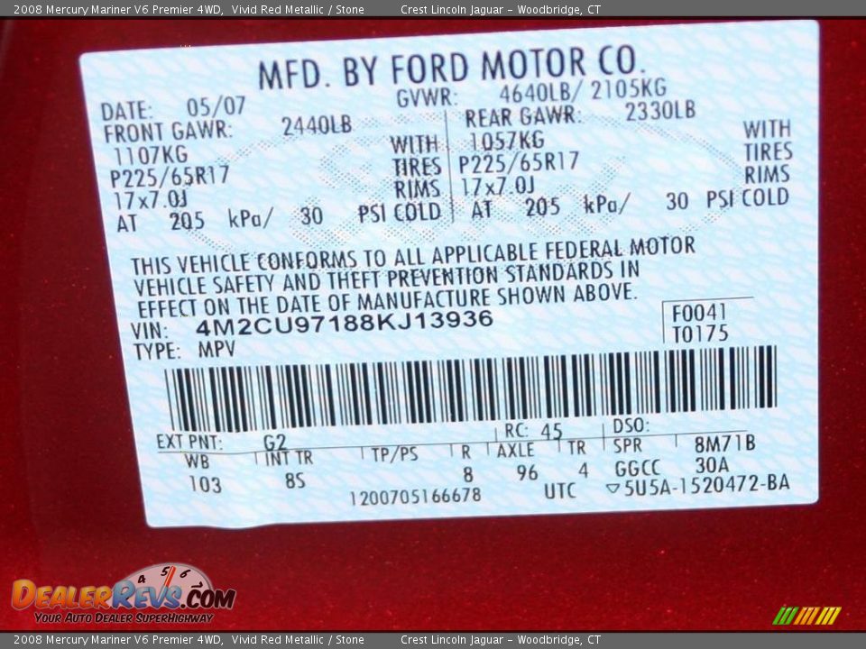 2008 Mercury Mariner V6 Premier 4WD Vivid Red Metallic / Stone Photo #15
