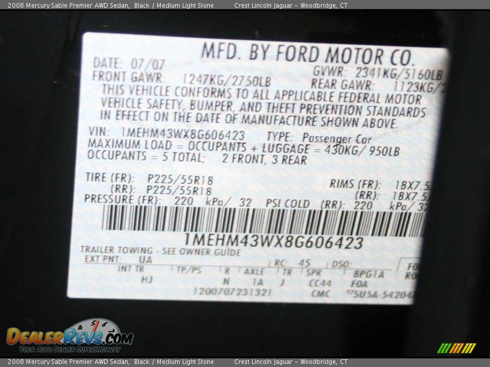 2008 Mercury Sable Premier AWD Sedan Black / Medium Light Stone Photo #17