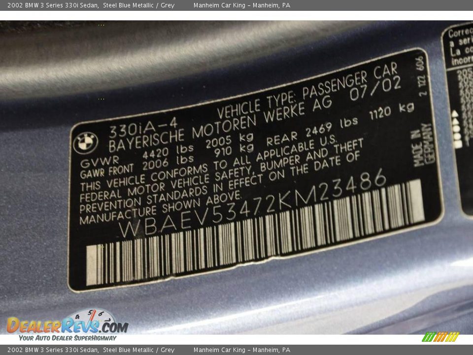 2002 BMW 3 Series 330i Sedan Steel Blue Metallic / Grey Photo #11