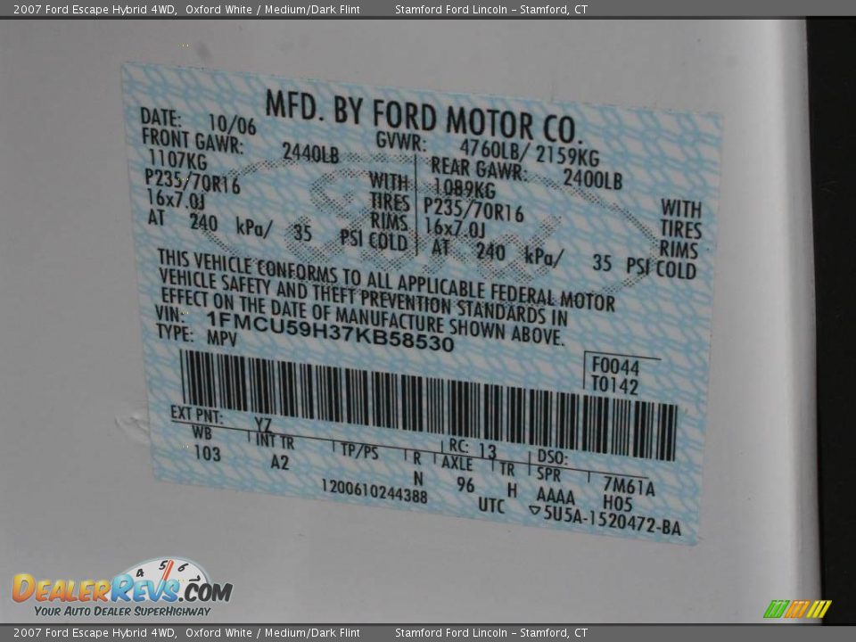 2007 Ford Escape Hybrid 4WD Oxford White / Medium/Dark Flint Photo #17