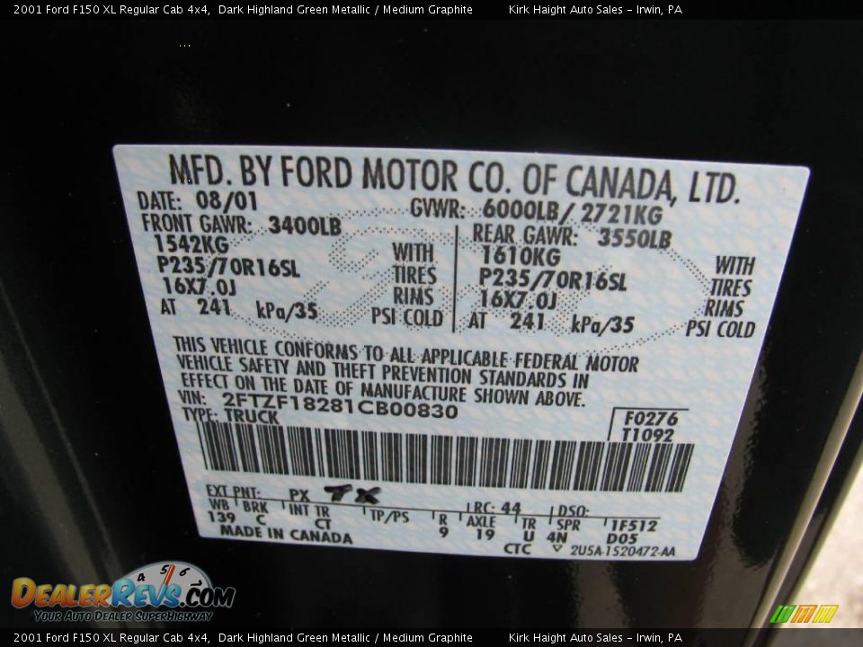 2001 Ford F150 XL Regular Cab 4x4 Dark Highland Green Metallic / Medium Graphite Photo #20