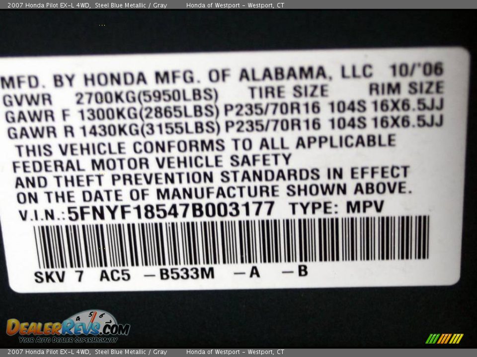 2007 Honda Pilot EX-L 4WD Steel Blue Metallic / Gray Photo #23