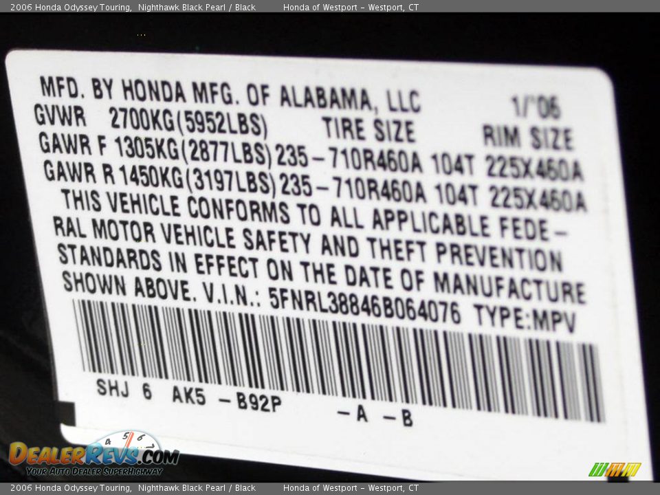 2006 Honda Odyssey Touring Nighthawk Black Pearl / Black Photo #23