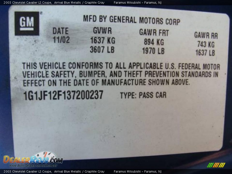 2003 Chevrolet Cavalier LS Coupe Arrival Blue Metallic / Graphite Gray Photo #16