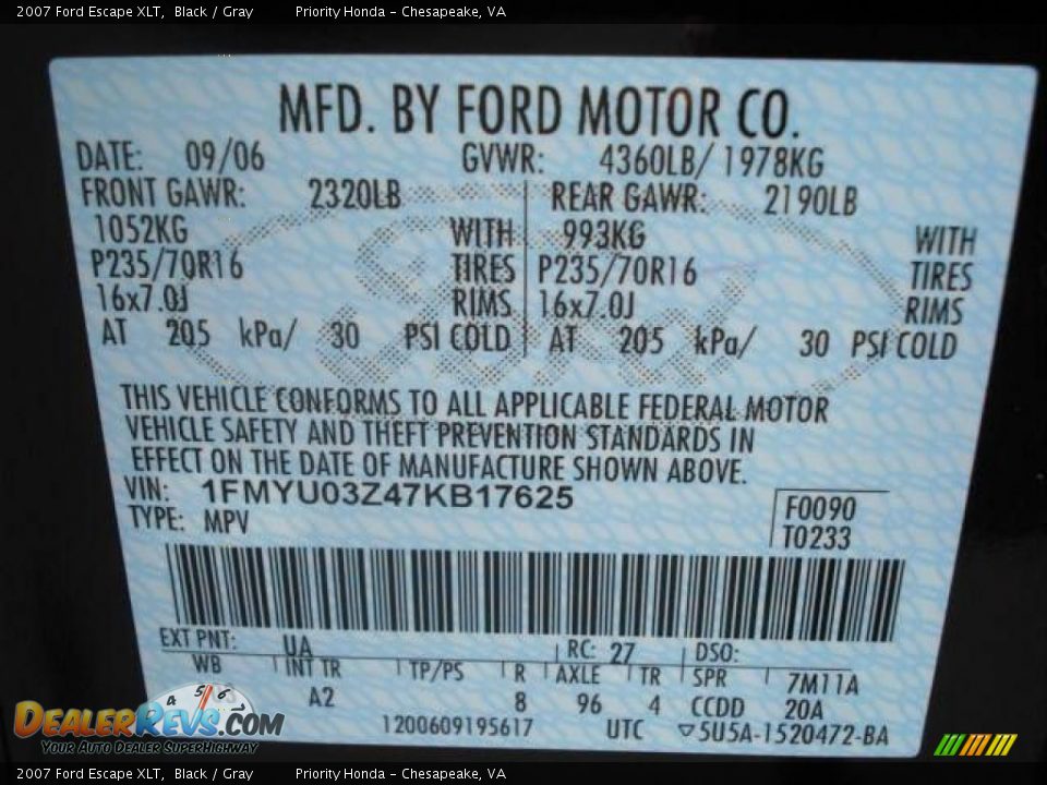 2007 Ford Escape XLT Black / Gray Photo #25