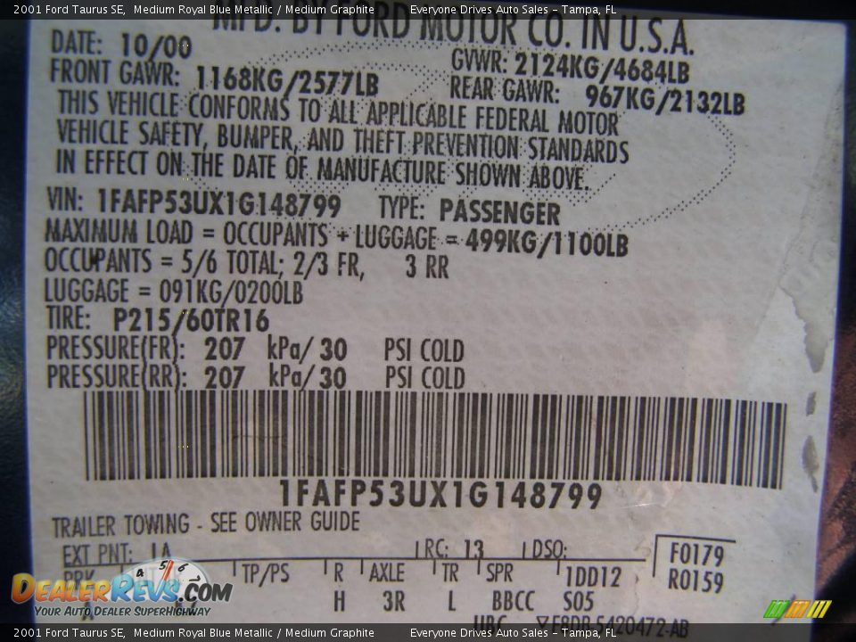 2001 Ford Taurus SE Medium Royal Blue Metallic / Medium Graphite Photo #28