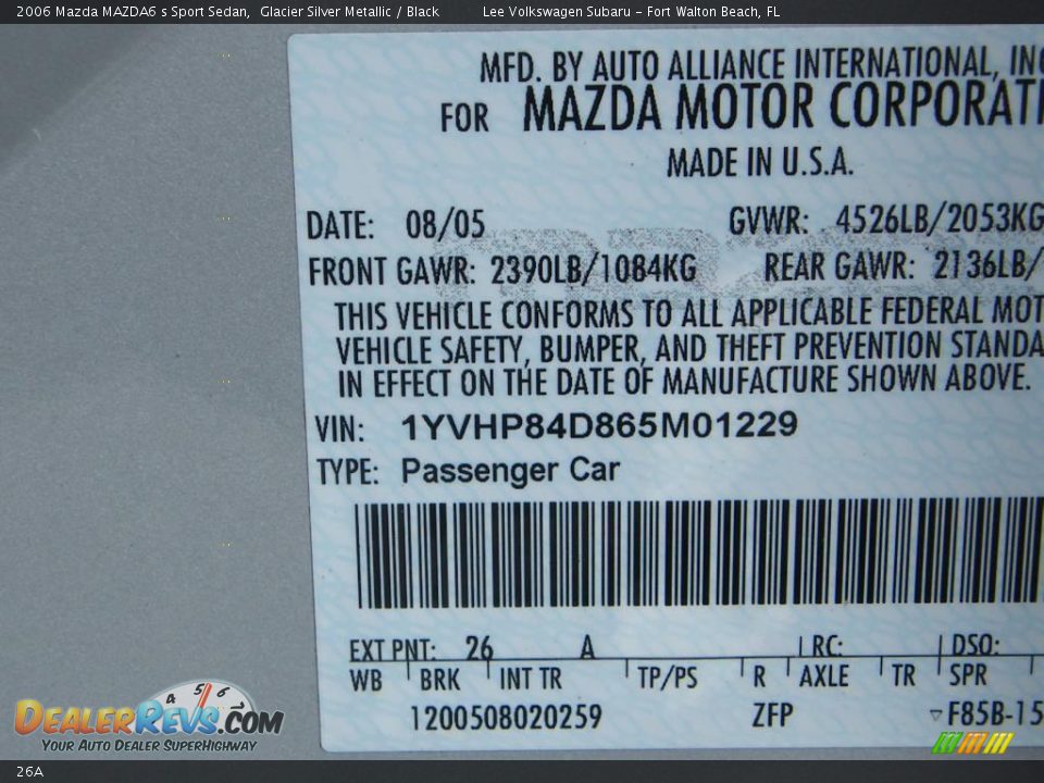 Mazda Color Code 26A Glacier Silver Metallic