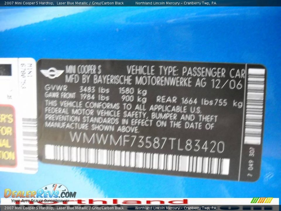 2007 Mini Cooper S Hardtop Laser Blue Metallic / Grey/Carbon Black Photo #9