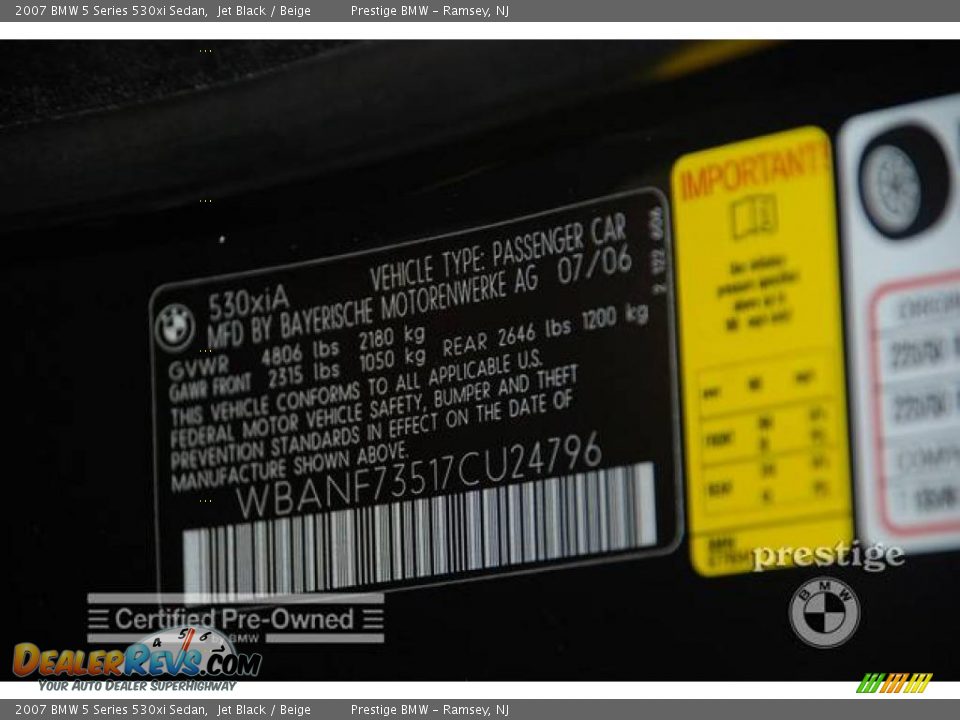 2007 BMW 5 Series 530xi Sedan Jet Black / Beige Photo #7