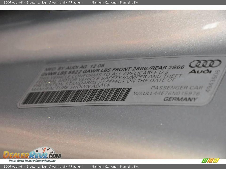 2006 Audi A8 4.2 quattro Light Silver Metallic / Platinum Photo #12