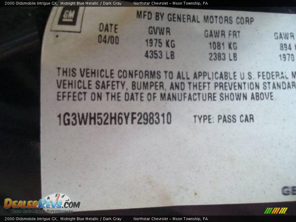 2000 Oldsmobile Intrigue GX Midnight Blue Metallic / Dark Gray Photo #14